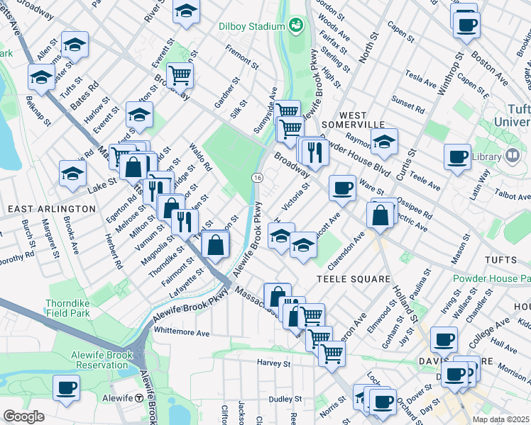 map of restaurants, bars, coffee shops, grocery stores, and more near 45 Alewife Brook Parkway in Cambridge