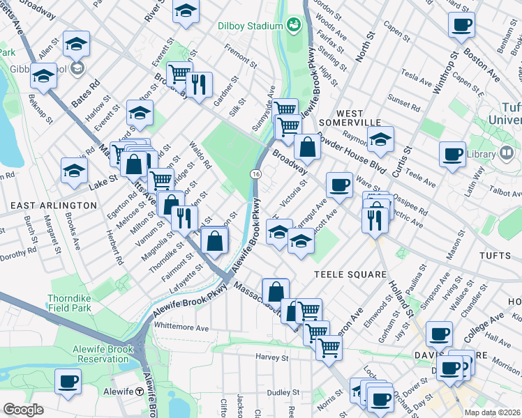 map of restaurants, bars, coffee shops, grocery stores, and more near 45 Alewife Brook Parkway in Cambridge