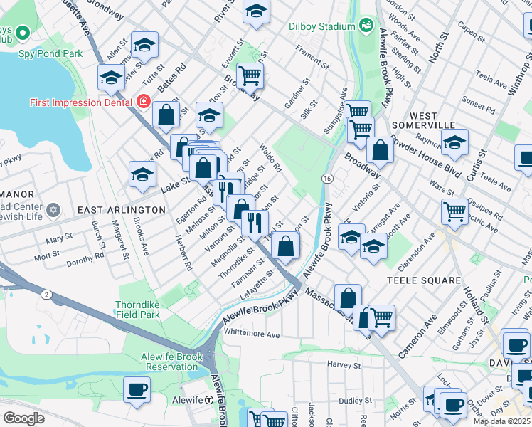 map of restaurants, bars, coffee shops, grocery stores, and more near 26 Teel Street in Arlington