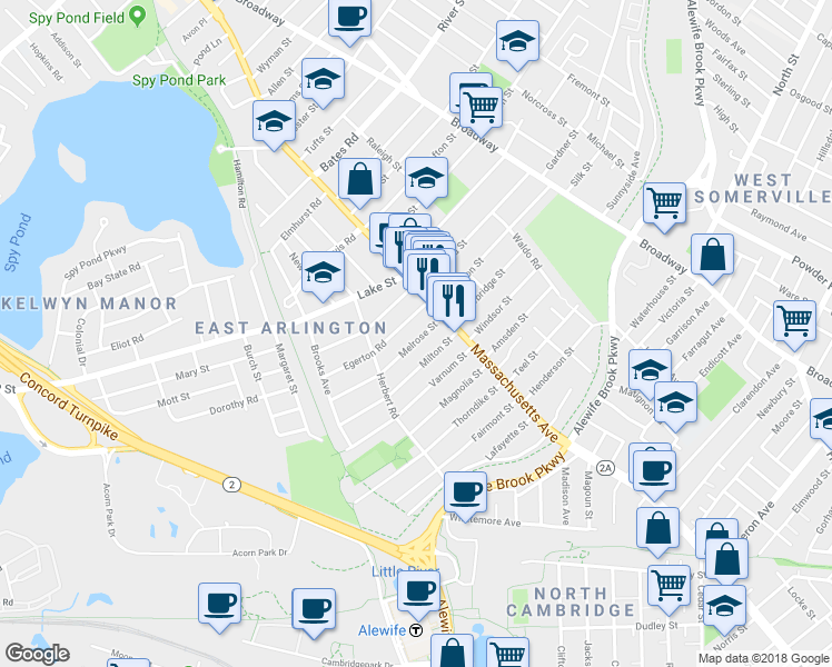 map of restaurants, bars, coffee shops, grocery stores, and more near 34-36 Melrose Street in Arlington