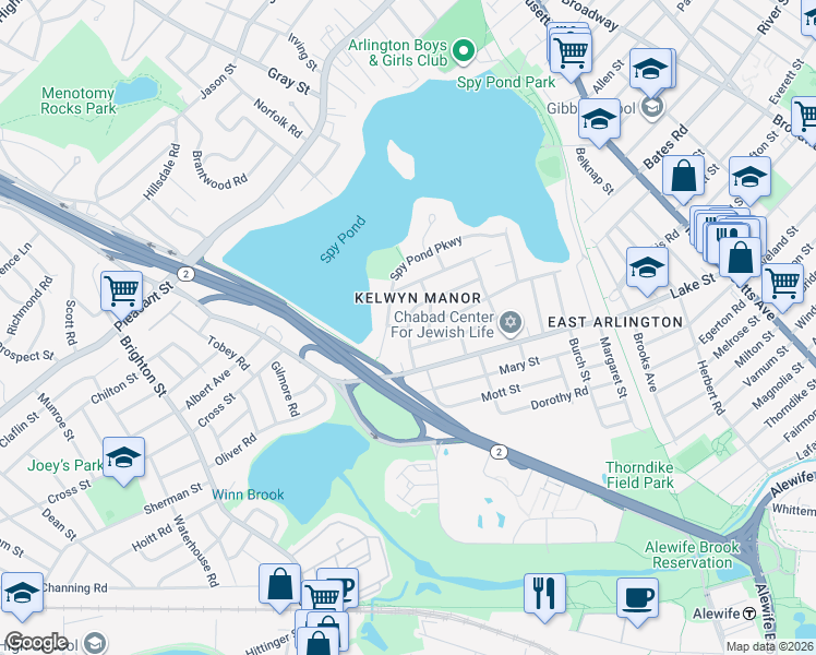 map of restaurants, bars, coffee shops, grocery stores, and more near 21 Spy Pond Parkway in Arlington