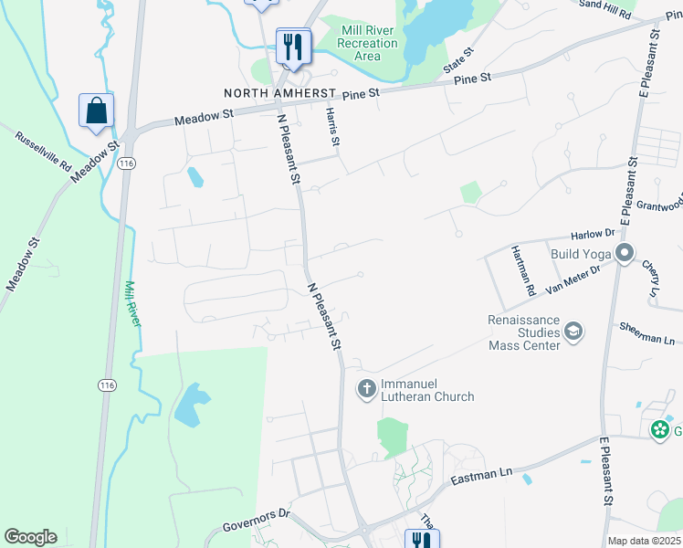 map of restaurants, bars, coffee shops, grocery stores, and more near 1001 North Pleasant Street in Amherst