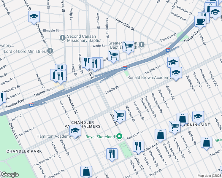 map of restaurants, bars, coffee shops, grocery stores, and more near 5786 Wayburn Street in Detroit