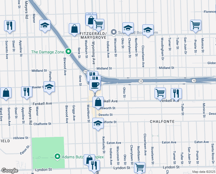 map of restaurants, bars, coffee shops, grocery stores, and more near 15360 Kentucky Street in Detroit