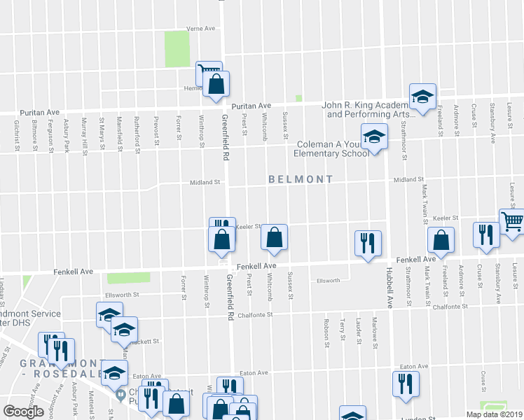 map of restaurants, bars, coffee shops, grocery stores, and more near 15404 Whitcomb in Detroit