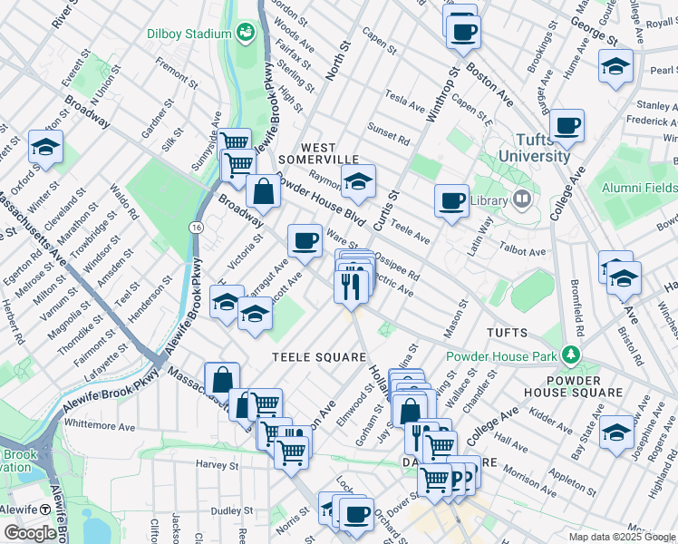 map of restaurants, bars, coffee shops, grocery stores, and more near 15 Hill Street in Somerville