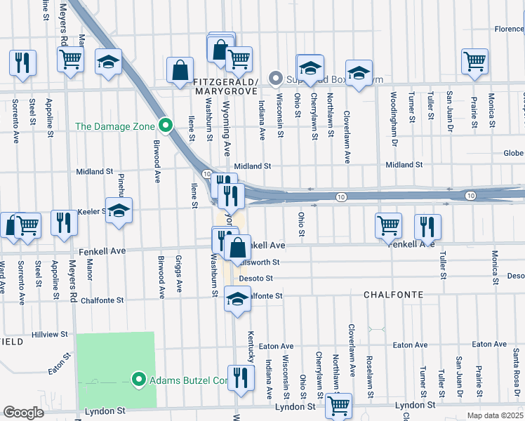 map of restaurants, bars, coffee shops, grocery stores, and more near 15360 Kentucky Street in Detroit