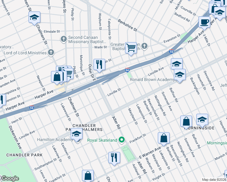 map of restaurants, bars, coffee shops, grocery stores, and more near 5786 Wayburn Street in Detroit