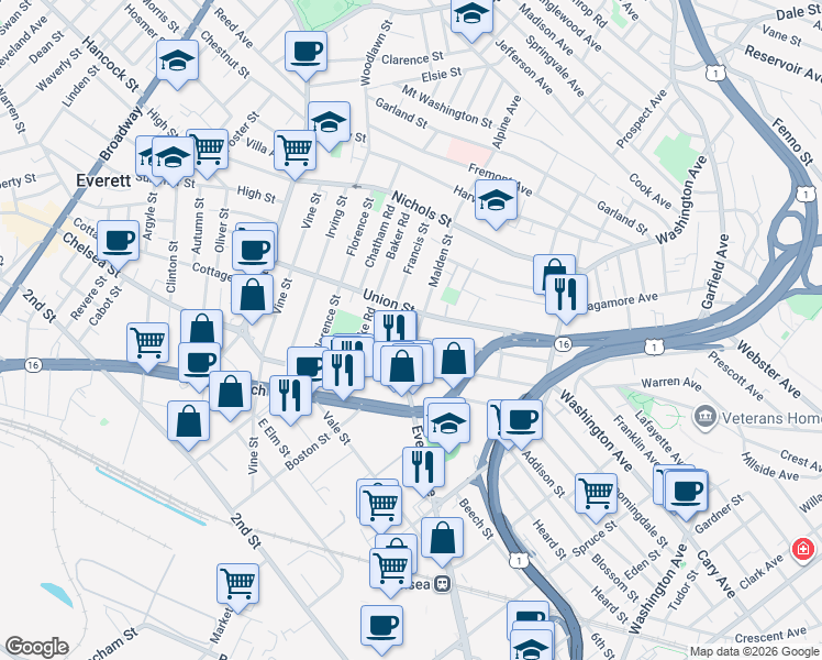 map of restaurants, bars, coffee shops, grocery stores, and more near 19 Malden Street in Everett