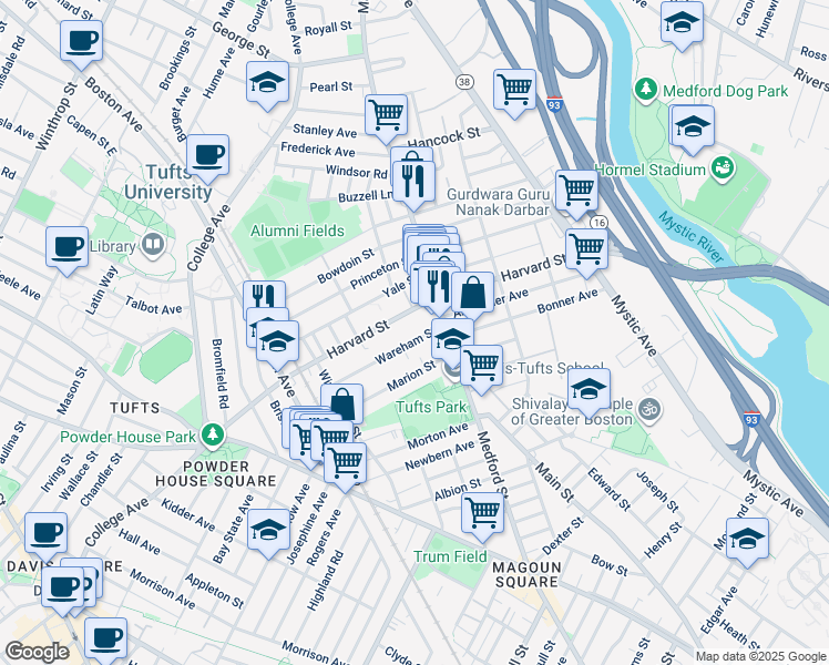 map of restaurants, bars, coffee shops, grocery stores, and more near 17 Wareham Street in Medford