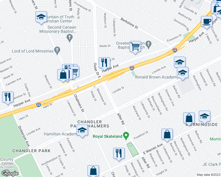 map of restaurants, bars, coffee shops, grocery stores, and more near 10733 E Outer Dr in Detroit