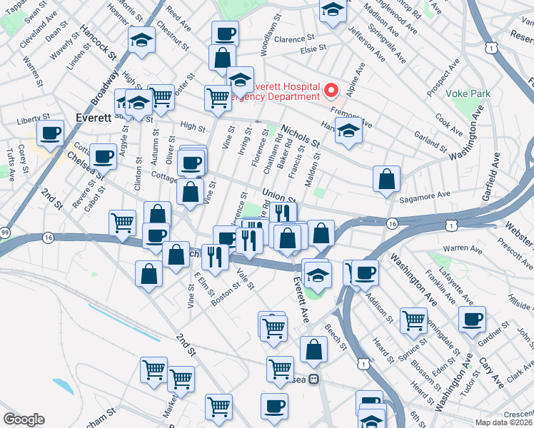 map of restaurants, bars, coffee shops, grocery stores, and more near 39 Luke Road in Everett
