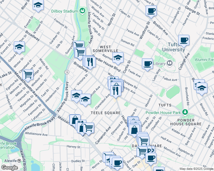 map of restaurants, bars, coffee shops, grocery stores, and more near 1188 Broadway in Somerville