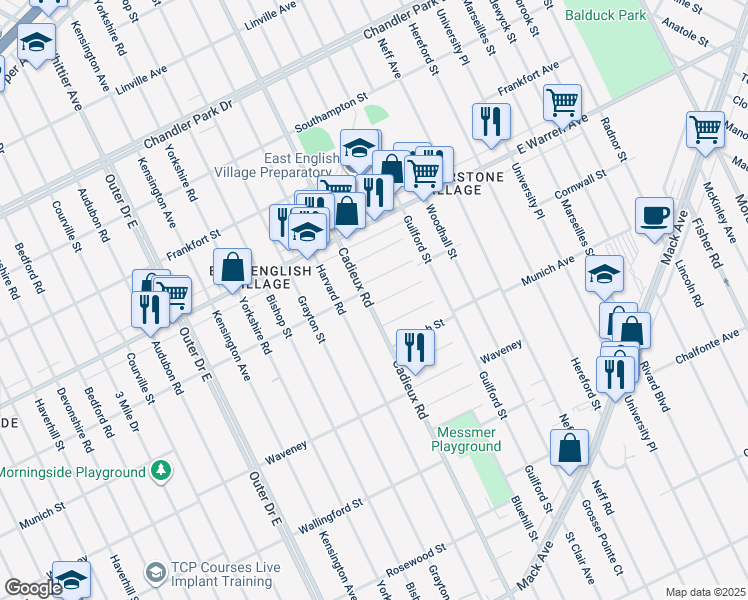 map of restaurants, bars, coffee shops, grocery stores, and more near 4700 Cadieux Road in Detroit