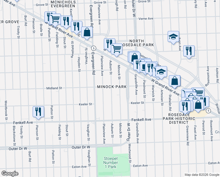 map of restaurants, bars, coffee shops, grocery stores, and more near 15496 Auburn Street in Detroit