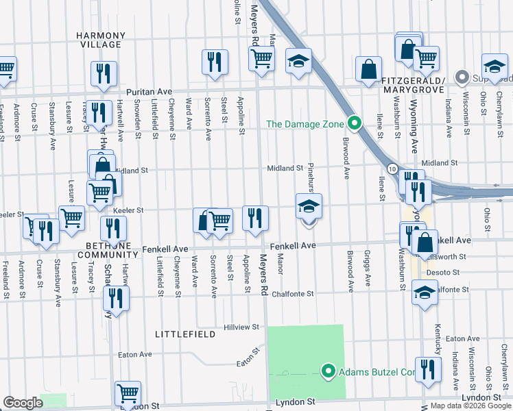 map of restaurants, bars, coffee shops, grocery stores, and more near 15370 Appoline Avenue in Detroit