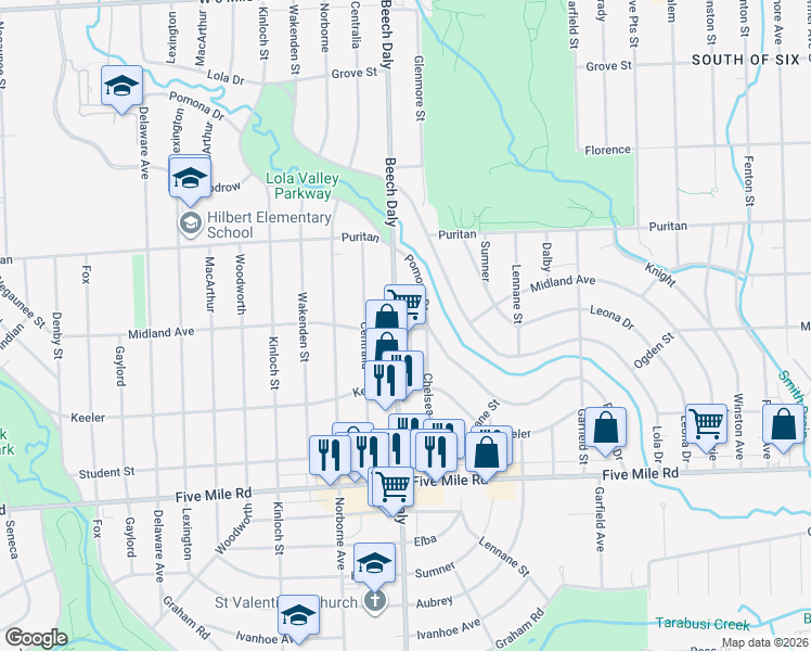 map of restaurants, bars, coffee shops, grocery stores, and more near 15573 Chelsea in Redford Charter Township