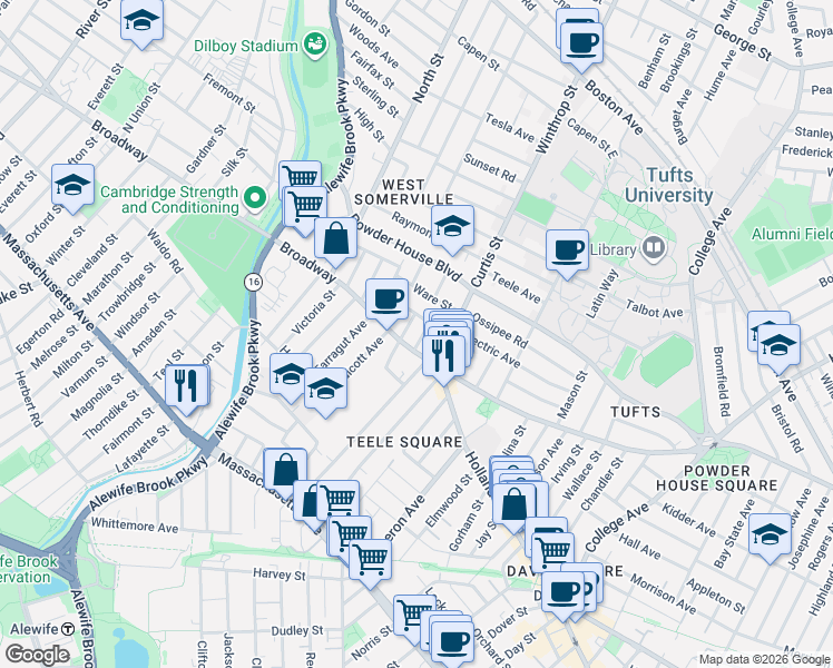 map of restaurants, bars, coffee shops, grocery stores, and more near 1188 Broadway in Somerville