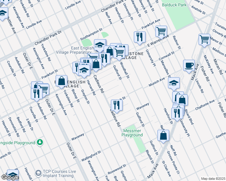 map of restaurants, bars, coffee shops, grocery stores, and more near 17166 Ontario Street in Detroit