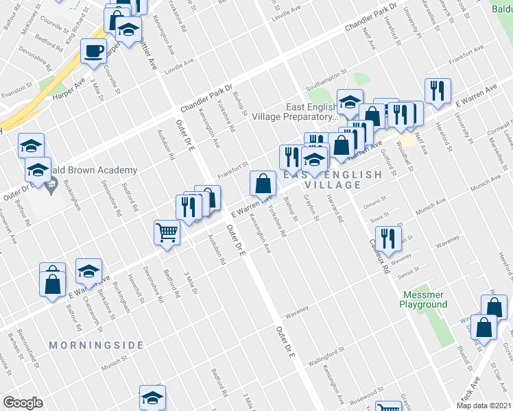 map of restaurants, bars, coffee shops, grocery stores, and more near 16618 E Warren Ave in Detroit