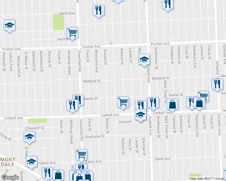 map of restaurants, bars, coffee shops, grocery stores, and more near 15403 Coyle Street in Detroit