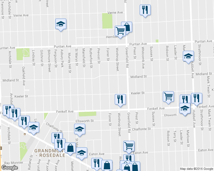 map of restaurants, bars, coffee shops, grocery stores, and more near 15465 Forrer Street in Detroit