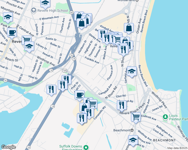 map of restaurants, bars, coffee shops, grocery stores, and more near 259 Walnut Avenue in Revere