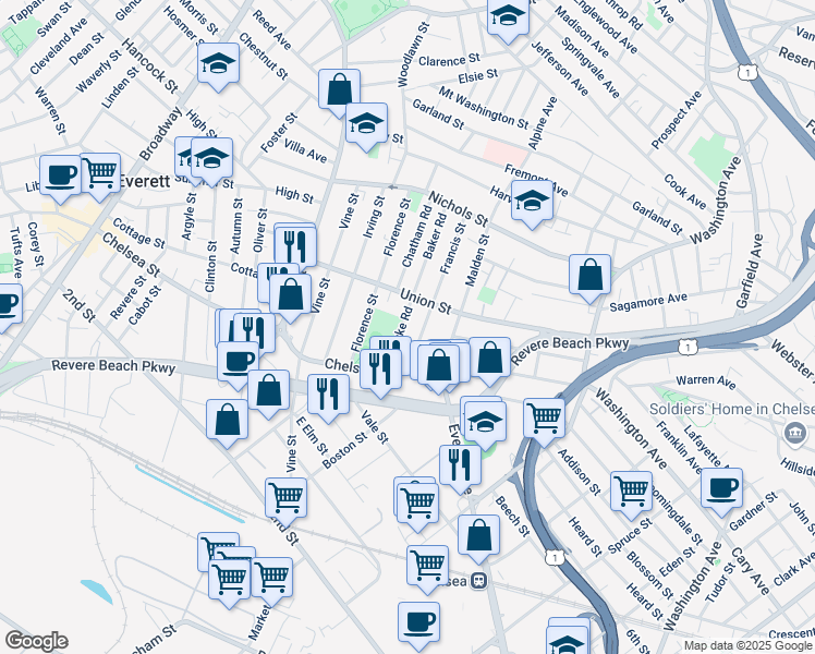 map of restaurants, bars, coffee shops, grocery stores, and more near in Everett