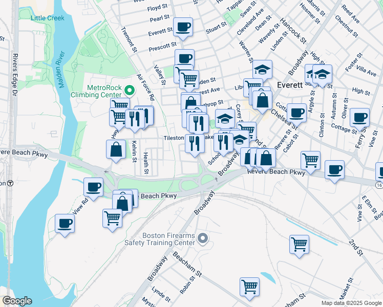 map of restaurants, bars, coffee shops, grocery stores, and more near 24 West Street in Everett