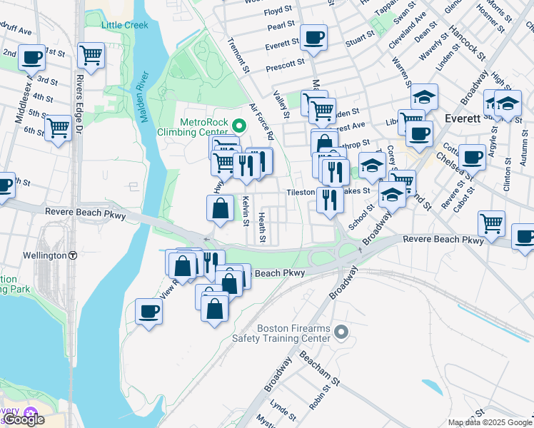 map of restaurants, bars, coffee shops, grocery stores, and more near 19 Heath Street in Everett