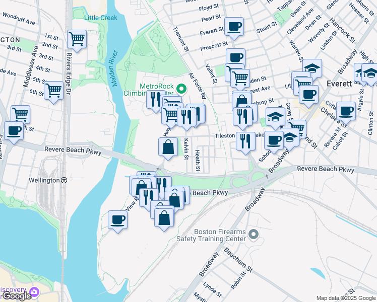 map of restaurants, bars, coffee shops, grocery stores, and more near 78 Wellington Avenue in Everett