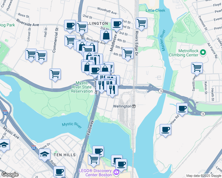 map of restaurants, bars, coffee shops, grocery stores, and more near 62 Station Landing in Medford
