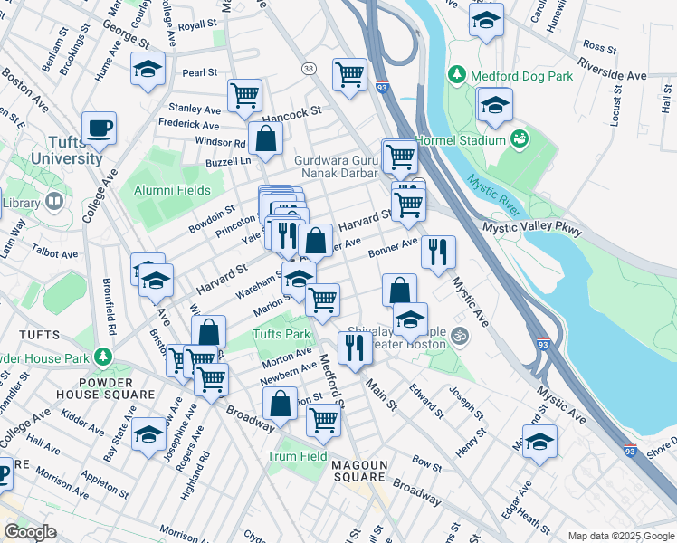 map of restaurants, bars, coffee shops, grocery stores, and more near 21 Mayberry Avenue in Medford