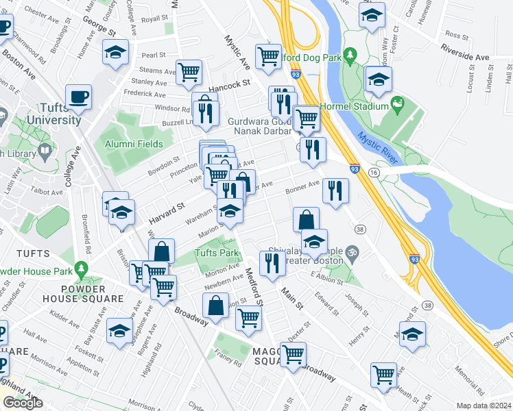 map of restaurants, bars, coffee shops, grocery stores, and more near 21 Mayberry Avenue in Medford