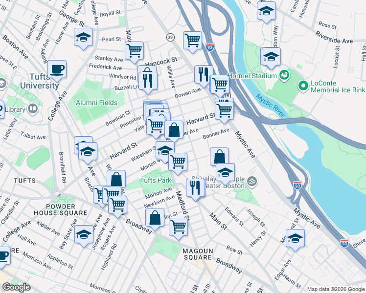 map of restaurants, bars, coffee shops, grocery stores, and more near 21 Mayberry Avenue in Medford