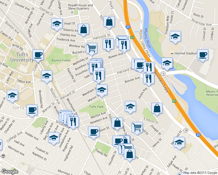 map of restaurants, bars, coffee shops, grocery stores, and more near 21 Mayberry Avenue in Medford