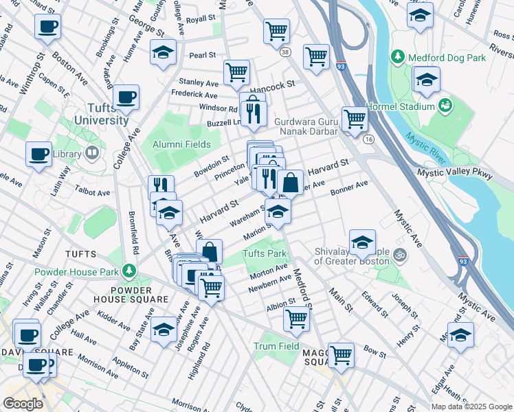 map of restaurants, bars, coffee shops, grocery stores, and more near 30 Wareham Street in Medford