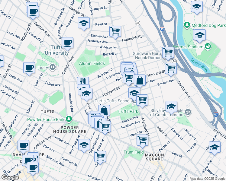map of restaurants, bars, coffee shops, grocery stores, and more near 53 Wareham Street in Medford