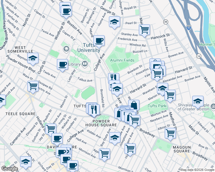map of restaurants, bars, coffee shops, grocery stores, and more near 19 Saint Clements Road in Medford