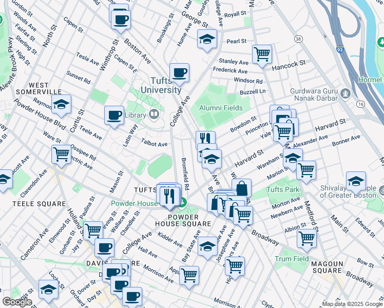 map of restaurants, bars, coffee shops, grocery stores, and more near 19 Saint Clements Road in Medford