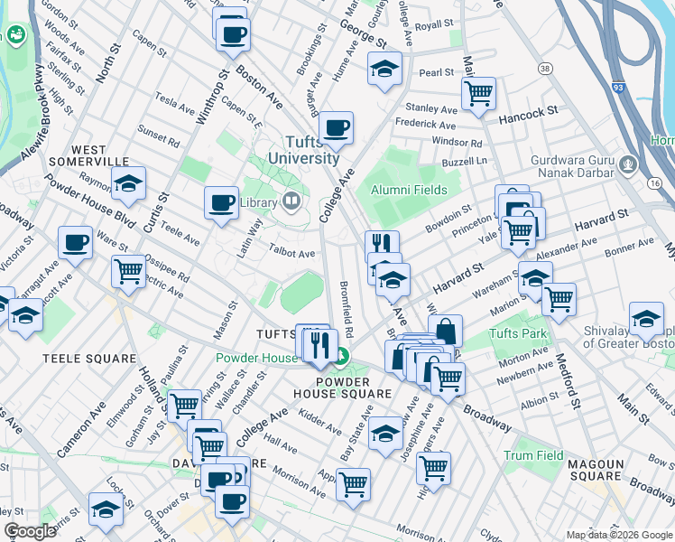map of restaurants, bars, coffee shops, grocery stores, and more near 66 Bromfield Road in Somerville
