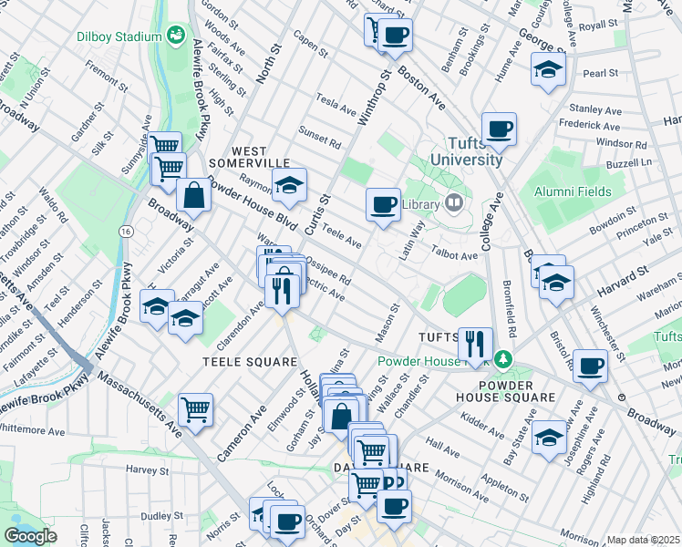 map of restaurants, bars, coffee shops, grocery stores, and more near 35 Packard Avenue in Somerville