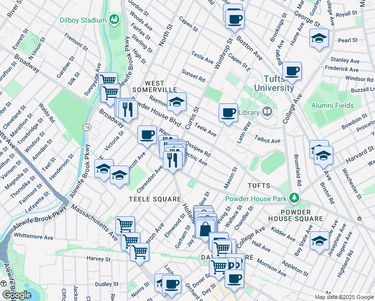 map of restaurants, bars, coffee shops, grocery stores, and more near 22 Lovell Street in Somerville