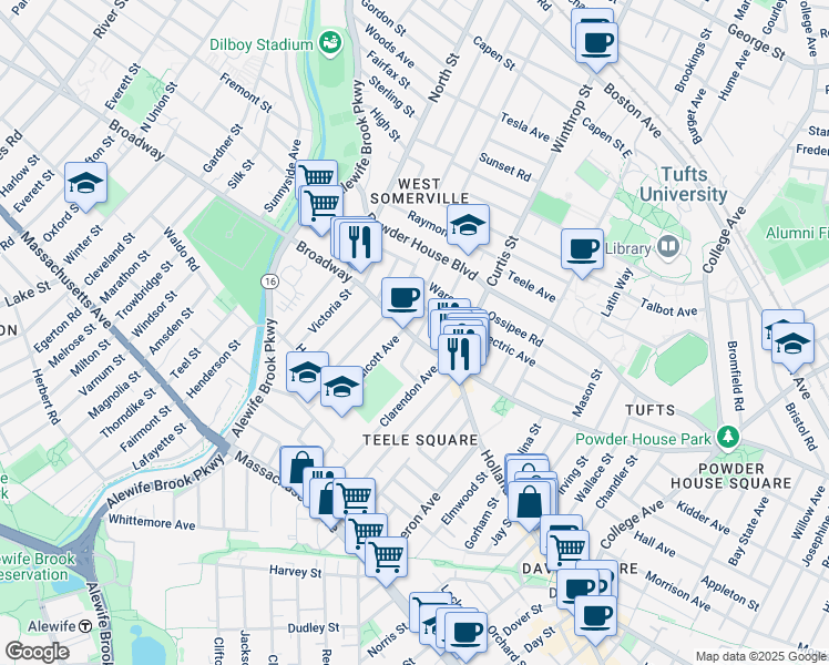 map of restaurants, bars, coffee shops, grocery stores, and more near 1188 Broadway in Somerville