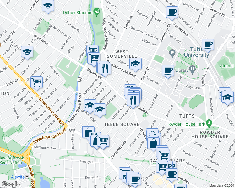 map of restaurants, bars, coffee shops, grocery stores, and more near 1188 Broadway in Somerville
