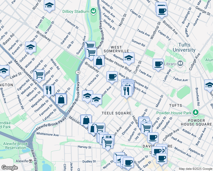 map of restaurants, bars, coffee shops, grocery stores, and more near 24 Endicott Avenue in Somerville