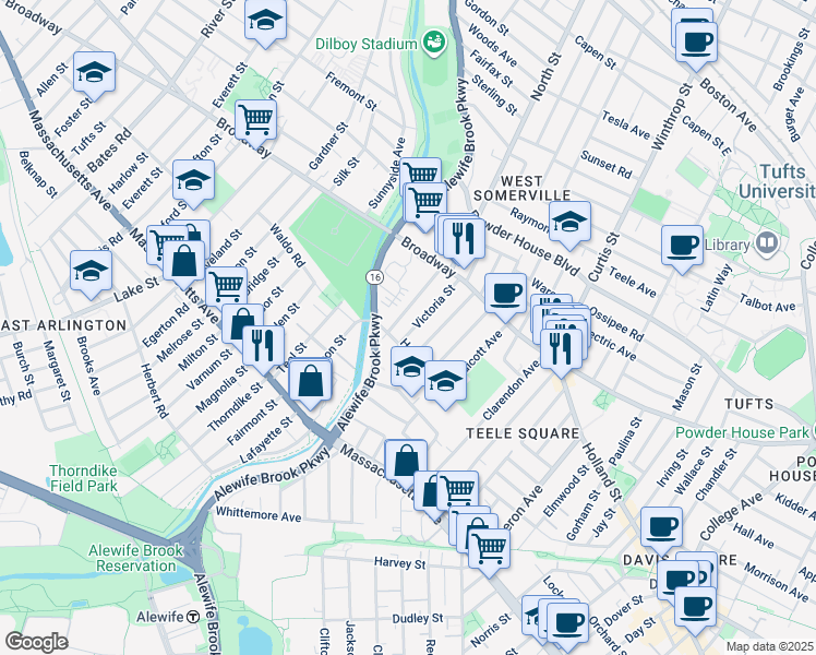 map of restaurants, bars, coffee shops, grocery stores, and more near 84 Hooker Avenue in Somerville