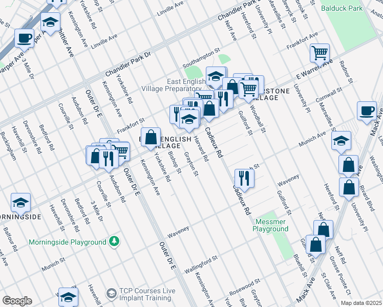 map of restaurants, bars, coffee shops, grocery stores, and more near 4540 Grayton Street in Detroit