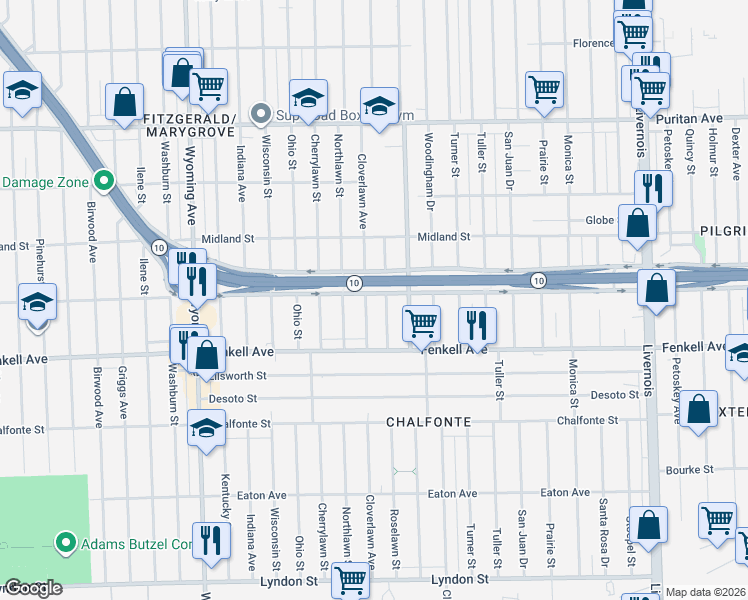 map of restaurants, bars, coffee shops, grocery stores, and more near 15355 Cloverlawn Avenue in Detroit