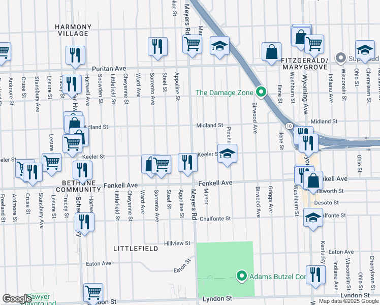 map of restaurants, bars, coffee shops, grocery stores, and more near 15372 Meyers Road in Detroit